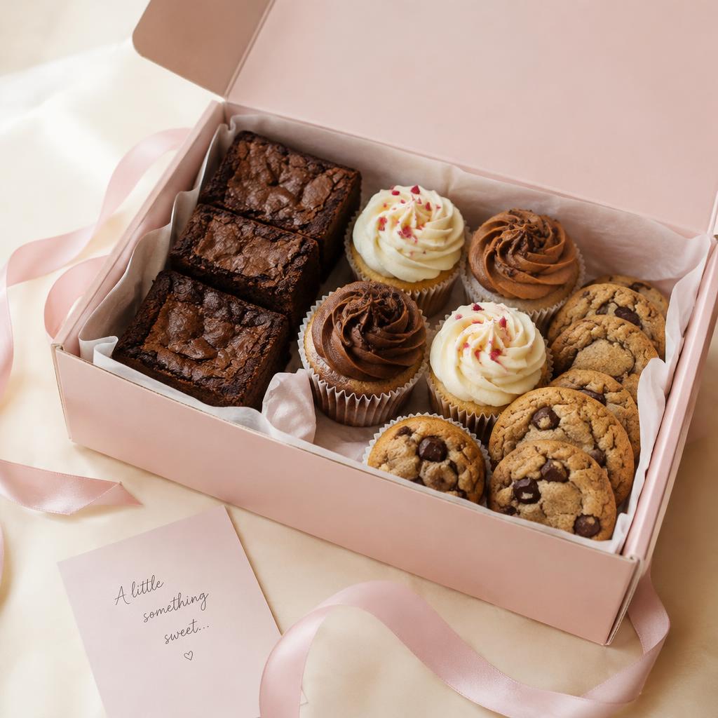 Treat box with brownies, cupcakes and cookies