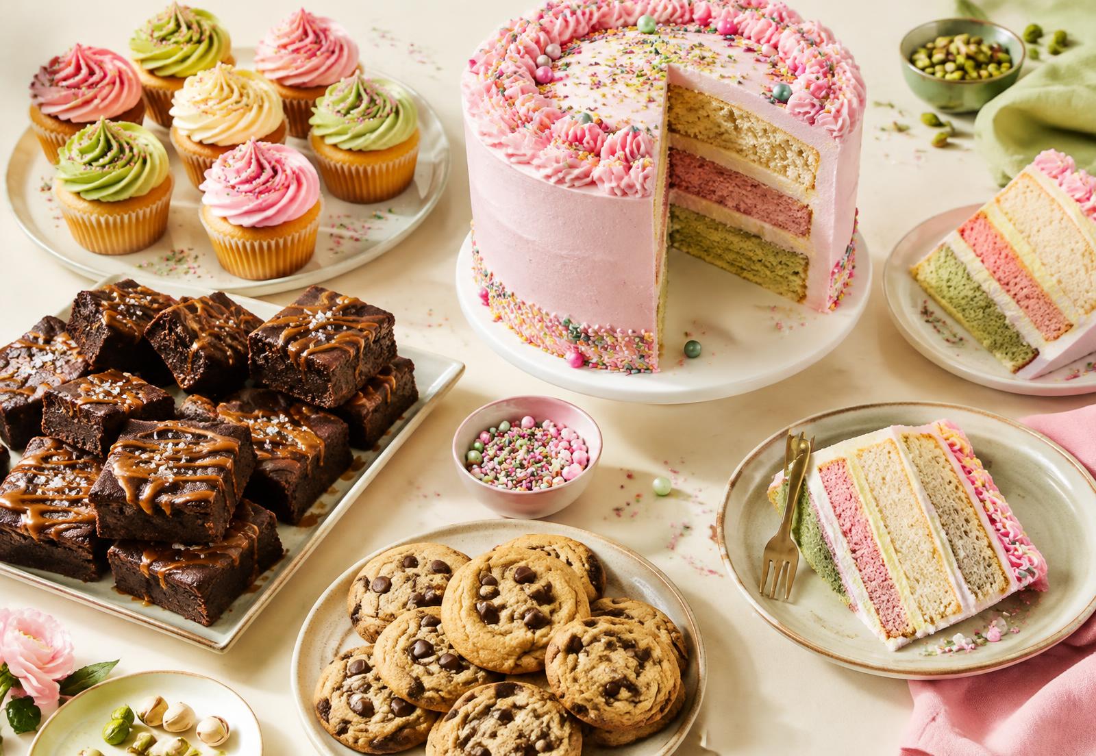 Layered cake, cupcakes, caramel brownies and cookies